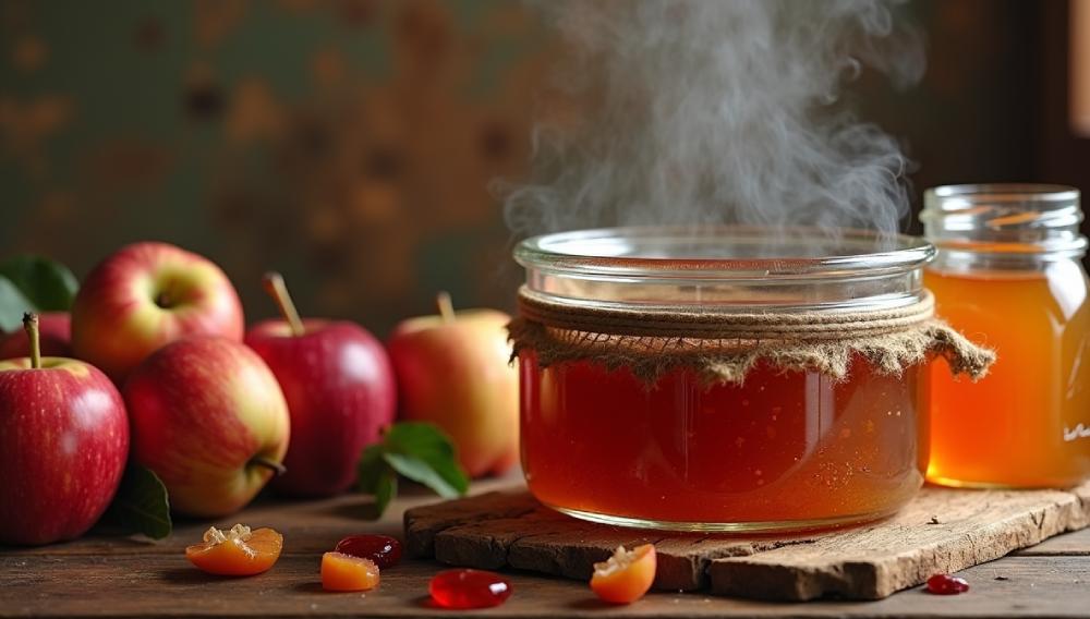 ویری گرم و دلنشین از میز چوبی با شیشه‌ای پر از مربا داغ در حال بخار دادن، شیشه دیگر پر از مربا، سیب‌های قرمز و زرد با برگ‌های سبز، و تکه‌های میوه کنار آن.